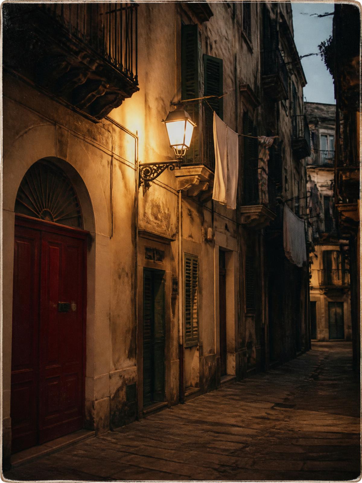 Nächtliche Gasse in Palermo mit Laterne und roter Tür